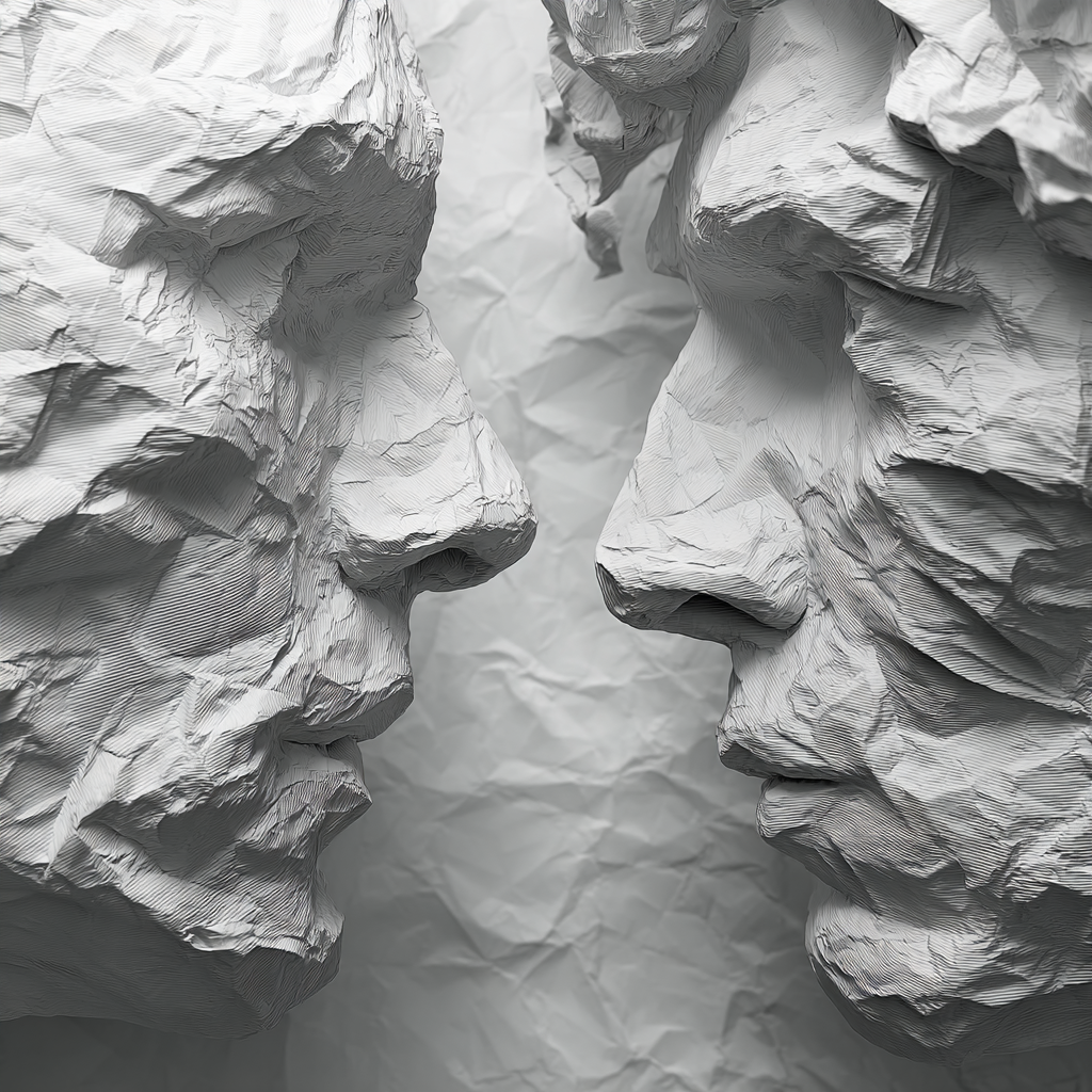 Abstract sculpture of two heads in dialogue, representing a consultation.